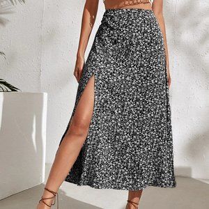 Floral Split Thigh Skirt - White/Black